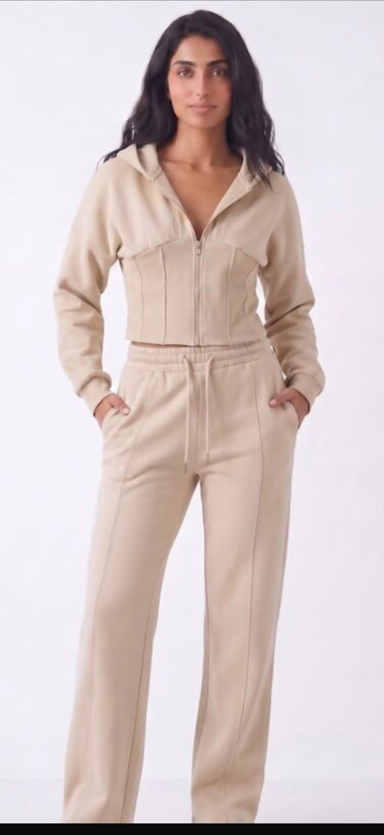 Beige Cinched waist hooded set