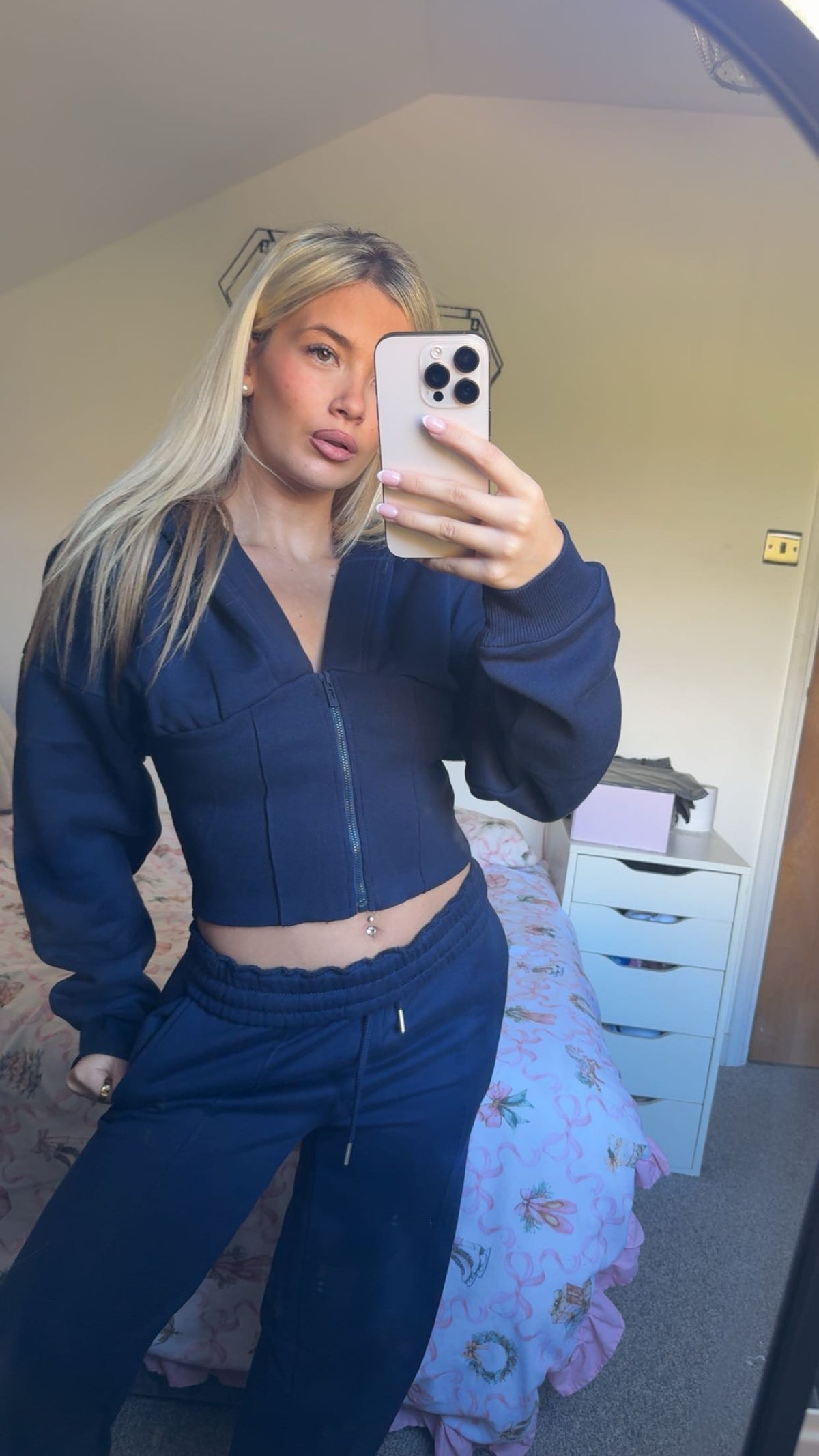 Navy Zip up hooded cinched set