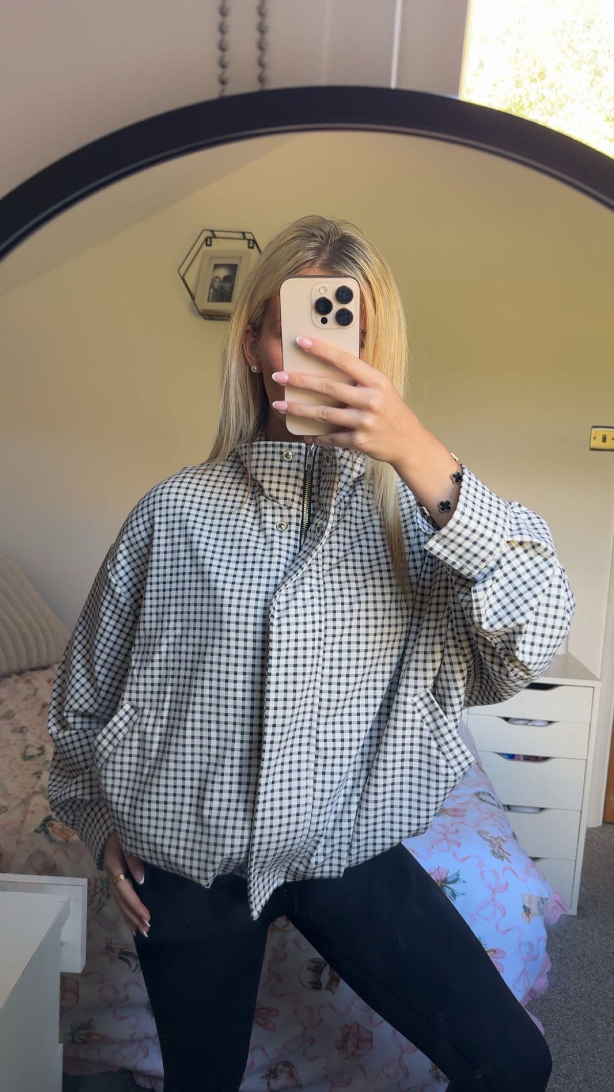 Black checkered high neck puffer coat