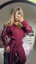 Burgandy pipping zip up jogger set
